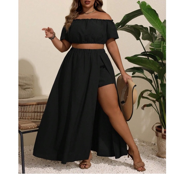 Plus Floral Tropical Print Off Shoulder Crop Top Maxi Skirt Set - Picture 5 of 8